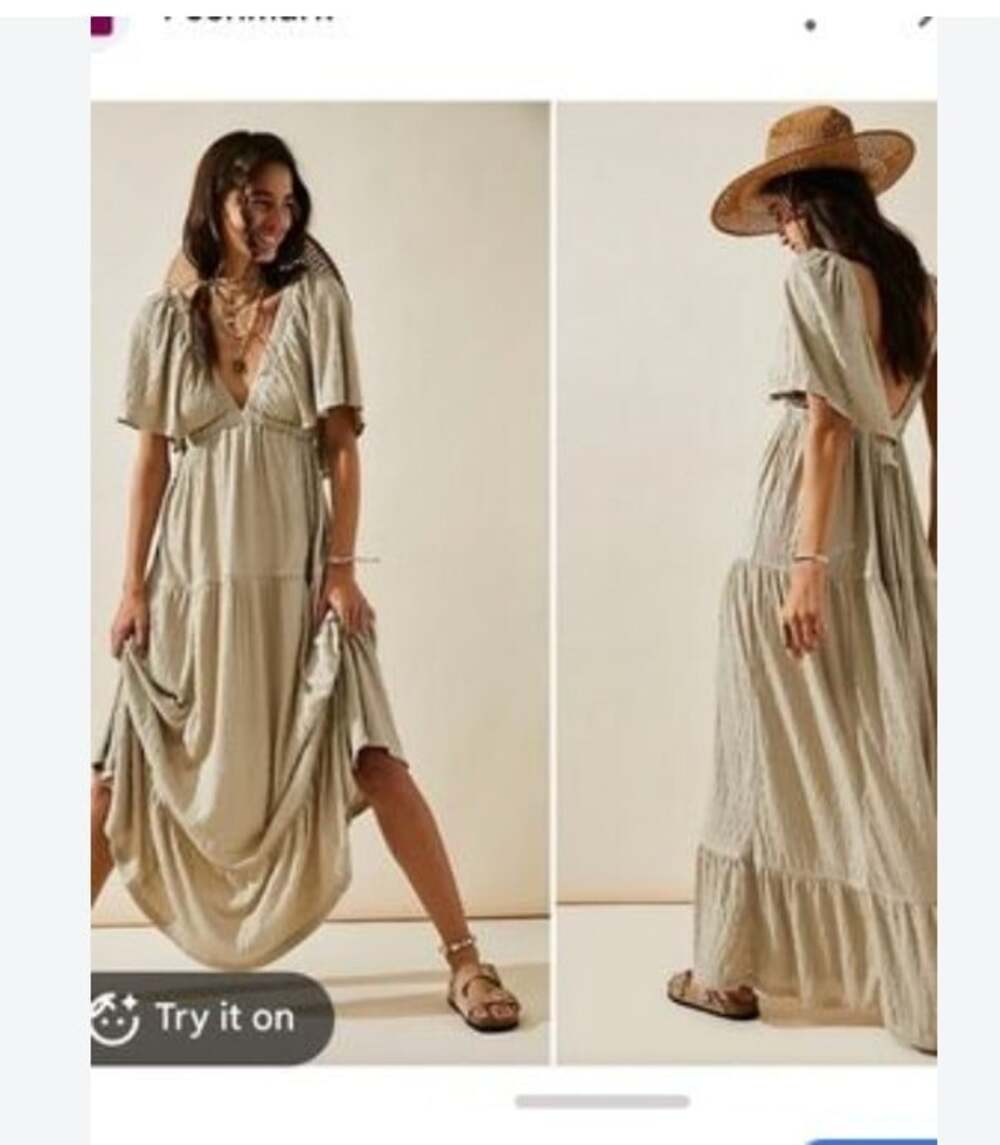 Free People La La Dress Womens XS Beige Flutter Sleeve V Neck Maxi Sundress Jers
